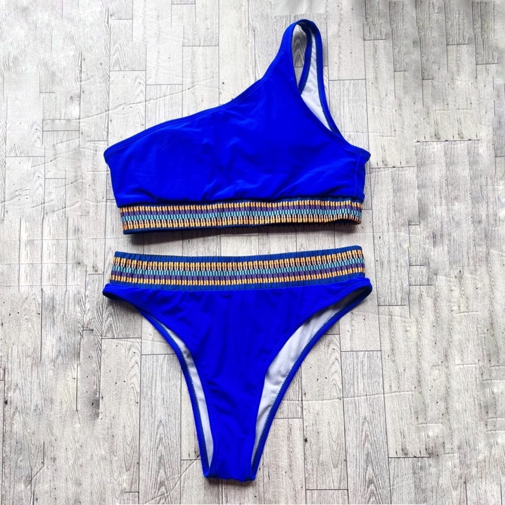 Brandless cobalt blue one shoulder bikini with high waisted / high cut bottoms
